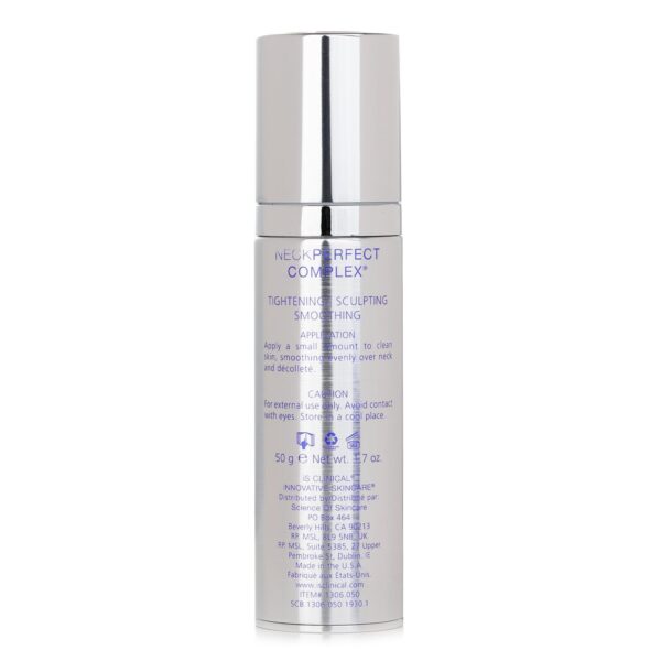 A silver bottle of NeckPerfect Complex 50g by iS Clinical, featuring purple text and a reflective cap, is photographed against a white background.