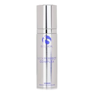 A silver cylindrical bottle labeled "NeckPerfect Complex 50g" stands upright on a white background, showcasing blue text and branding as an advanced anti-aging neck cream with a convenient pump dispenser.