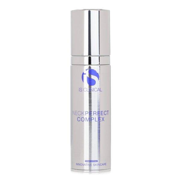 A silver cylindrical bottle labeled "NeckPerfect Complex 50g" stands upright on a white background, showcasing blue text and branding as an advanced anti-aging neck cream with a convenient pump dispenser.