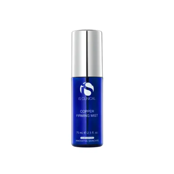 A blue bottle with a silver cap labeled "Copper Firming Mist 75ml." The brand logo and product details are displayed in white on the front.