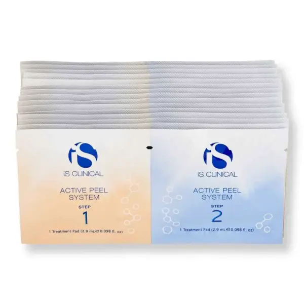 The Is Clinical Active Peel System (pack of 15) is shown with beige Step 1 packets on the left and light blue Step 2 packets on the right. Each packet contains a single treatment pad.