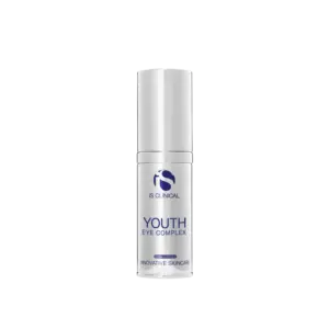A white bottle of Youth Eye Complex 15g eye cream stands upright on a plain white background. The label displays the brand and product name, “Innovative Skincare,” in blue and silver, highlighting its anti-aging benefits.