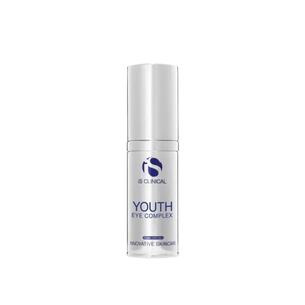 A white bottle of Youth Eye Complex 15g eye cream stands upright on a plain white background. The label displays the brand and product name, “Innovative Skincare,” in blue and silver, highlighting its anti-aging benefits.