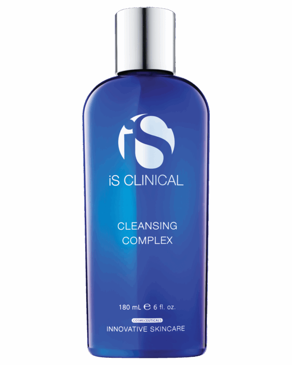A blue bottle of Cleansing Complex 180ml skin cleanser with a silver cap, showing the product name and volume on the label.