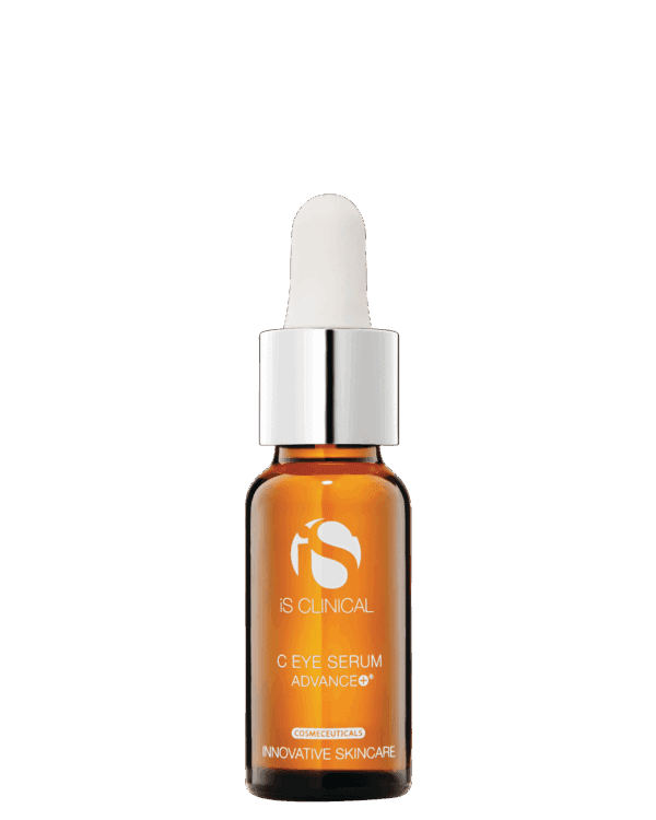 A brown glass dropper bottle labeled "C Eye Serum Advance+ 15ml" with a silver cap and white dropper is shown against a white background.