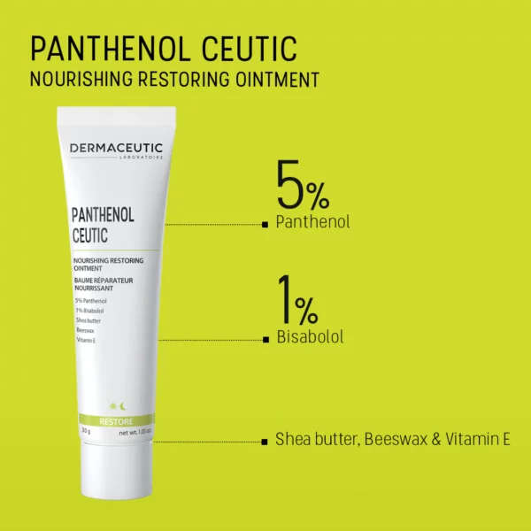 Dermaceutic Panthenol Ceutic 30g is displayed on a yellow background, highlighting its skincare formula with 5% panthenol, 1% bisabolol, shea butter, beeswax, and vitamin E.