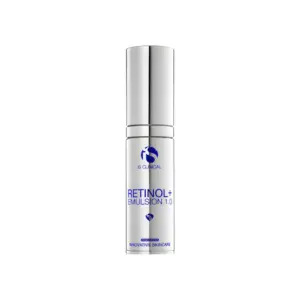 A silver and white bottle labeled “Retinol+ 1.0 30ml” with blue text, this advanced skincare retinol serum features a pump dispenser and is photographed against a white background.