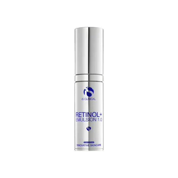 A silver and white bottle labeled “Retinol+ 1.0 30ml” with blue text, this advanced skincare retinol serum features a pump dispenser and is photographed against a white background.