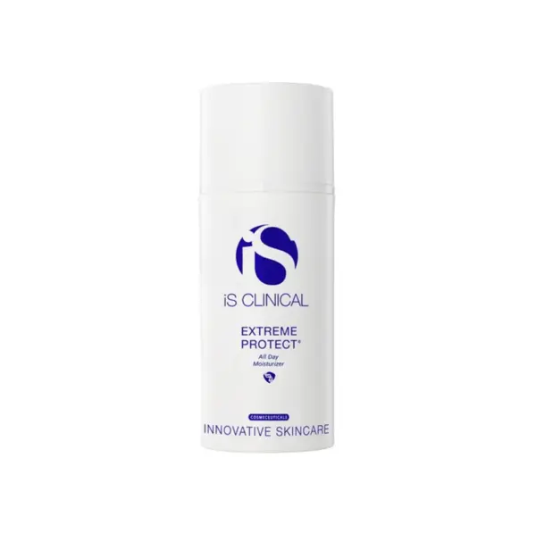 A white cylindrical bottle of Extreme Protect All Day Moisturiser 100g features blue text and logo, a white cap, and sits against a plain background.