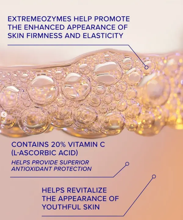 Close-up of bubbles with three callouts for GeneXC Serum 15ml: extremeozymes boost skin firmness, 20% vitamin C offers antioxidant protection, and the serum revitalizes a youthful-looking complexion.
