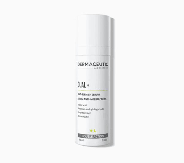 A white bottle of Dermaceutic Dual+ Anti-Blemish Serum is displayed against a white background, with the label featuring key ingredients: azelaic acid, potassium azeloyl diglycinate, niacinamide, and alpha-arbutin.