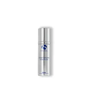 A silver bottle of Moisturising Complex 50g with a pump dispenser, blue branding, and text stands upright against a plain white background.