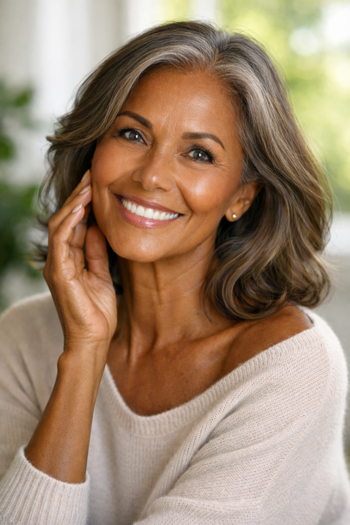 image - Kaya Cosmedica A woman with shoulder-length gray hair and medium skin tone smiles at the camera, resting her hand on her cheek. She is wearing a light, off-the-shoulder sweater and sits in a softly lit room with a blurred background.
