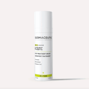 A Dermaceutic K Ceutic 30ml bottle with a pump dispenser, white with green and black text, stands upright on a light gray background.