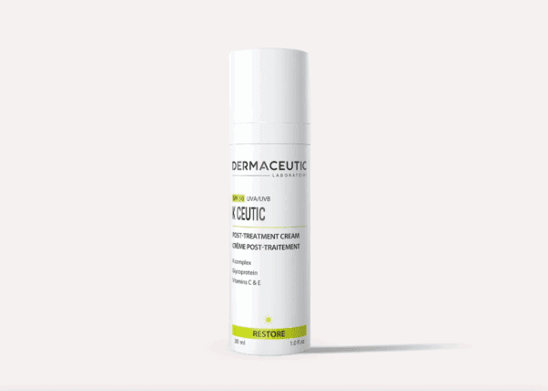 A Dermaceutic K Ceutic 30ml bottle with a pump dispenser, white with green and black text, stands upright on a light gray background.