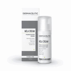 A white 30ml bottle of Dermaceutic Mela Cream stands next to its box, featuring ingredients like niacinamide, retinol, salicylic acid, phytic acid, licorice extract, and mandelic acid.