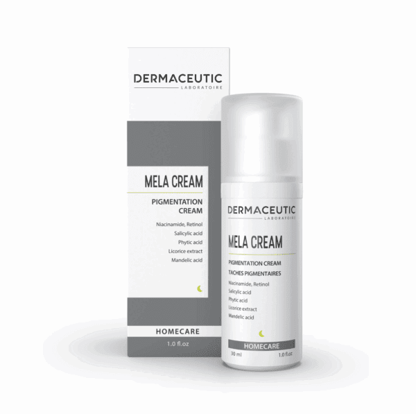 A white 30ml bottle of Dermaceutic Mela Cream stands next to its box, featuring ingredients like niacinamide, retinol, salicylic acid, phytic acid, licorice extract, and mandelic acid.