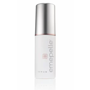 A white bottle of Emepelle Serum with a metallic silver cap and minimalist label design, featuring the brand name in lowercase letters and a small geometric logo.
