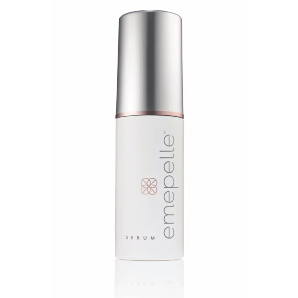 A white bottle of Emepelle Serum with a metallic silver cap and minimalist label design, featuring the brand name in lowercase letters and a small geometric logo.